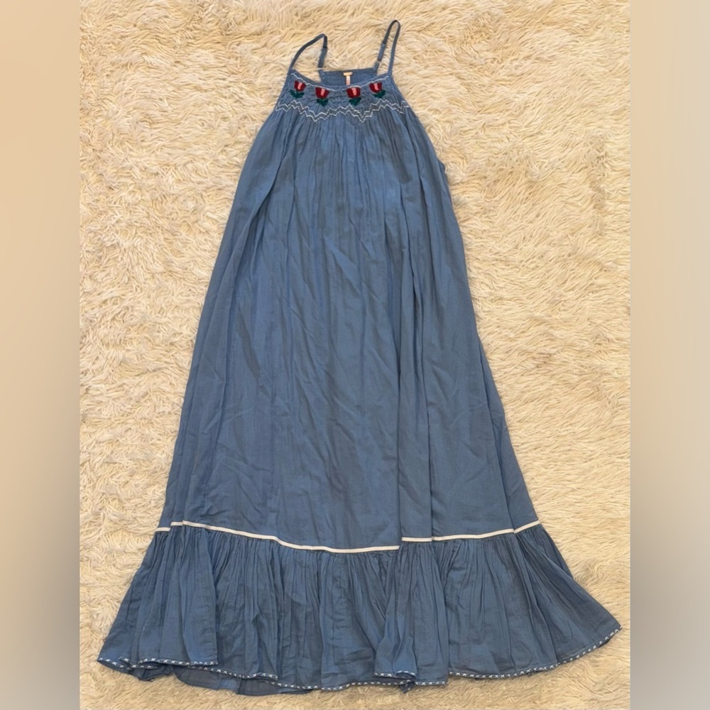 NEW Free People Tip Toeing Tulip Embroidered Gauze maxi Blue Dress sz M - Picture 4 of 8